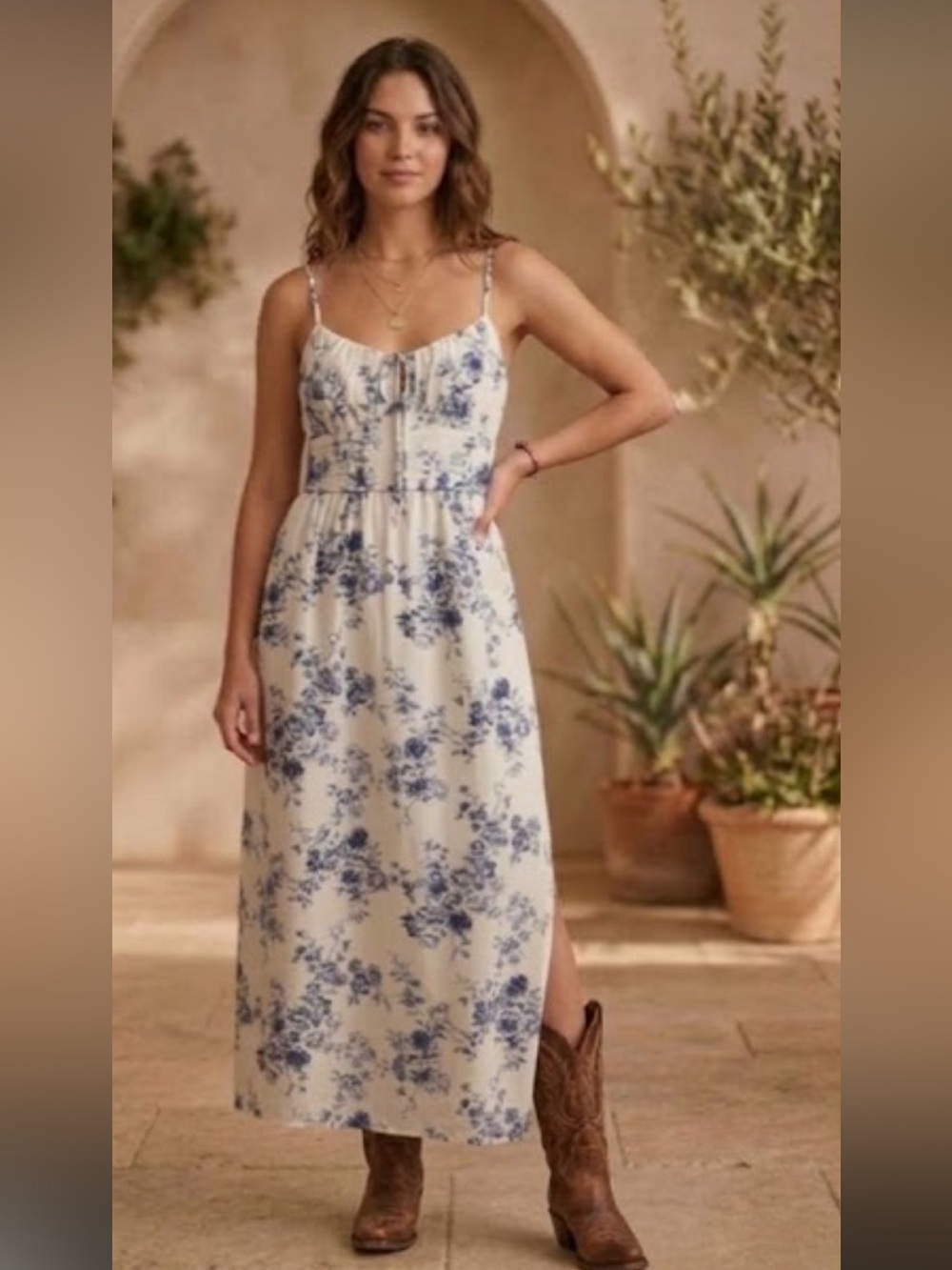 Inspired Hearts Blue & White Floral Maxi Dress front tie lace-up smocked waist L
